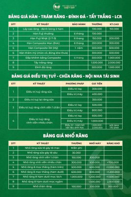 Bảng giá dịch vụ làm răng tại Nha khoa Quốc Tế Việt Mỹ